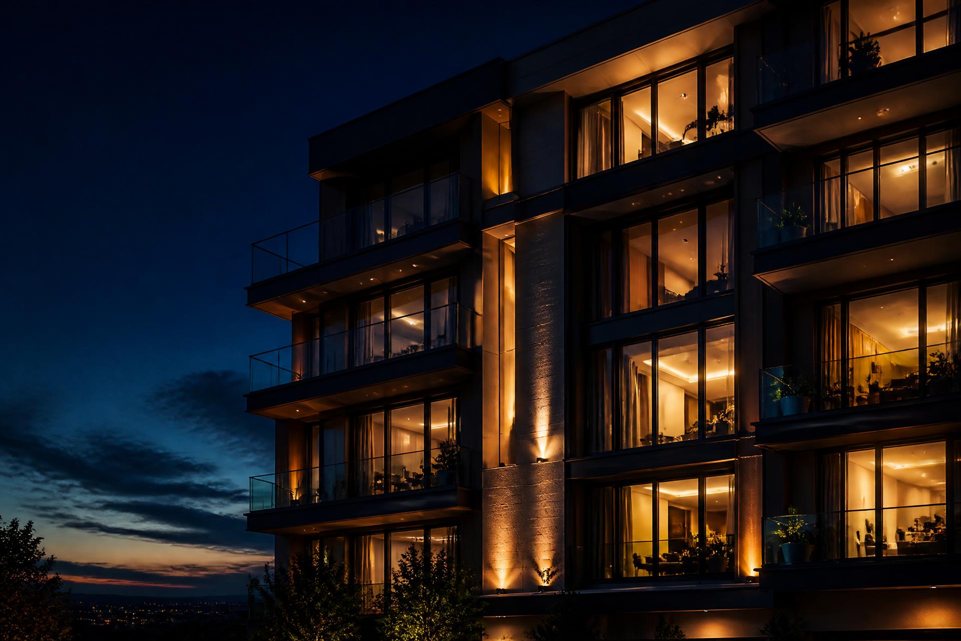 Modern apartment building illuminated at dusk